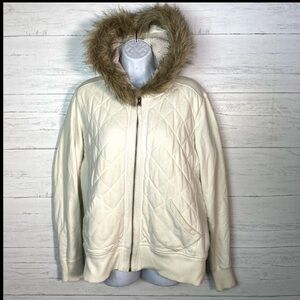 Eddie Bauer Ivory Quilted  Sherpa Lined Hoodie Zip Jacket Removable Fur Trim